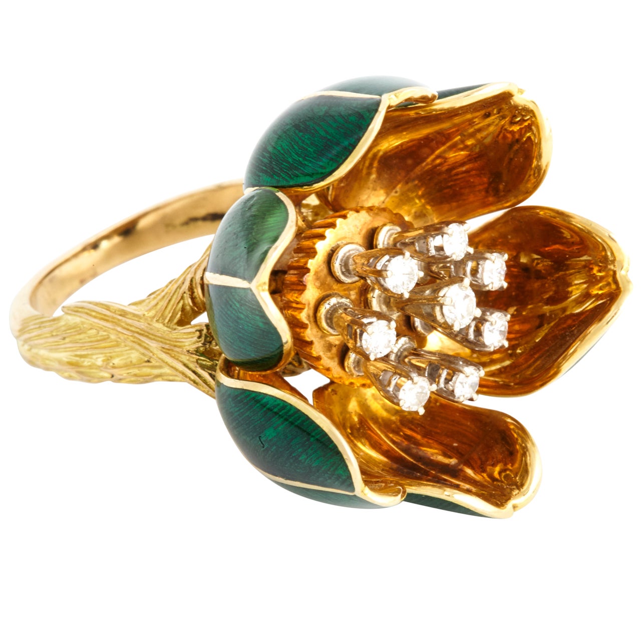 An articulated green guilloche enamel flower ring