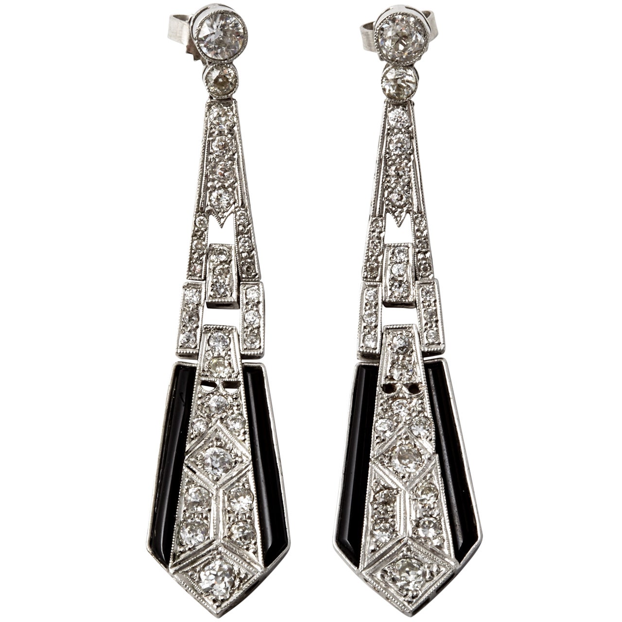 A Pair of Art Déco onyx and diamond Pendant Earrings For Sale
