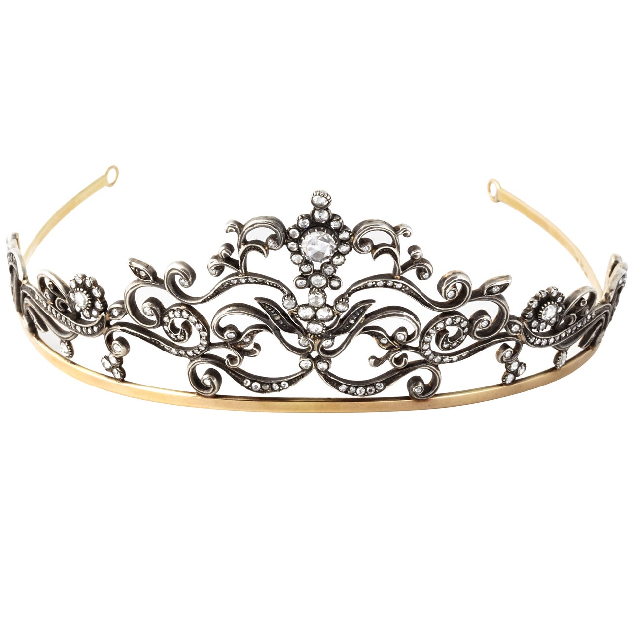 A silver, golden tiara surrounded with rose cut diamonds For Sale