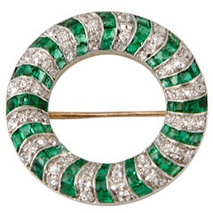 French Emerald Diamond Platinum Open Circle Brooch