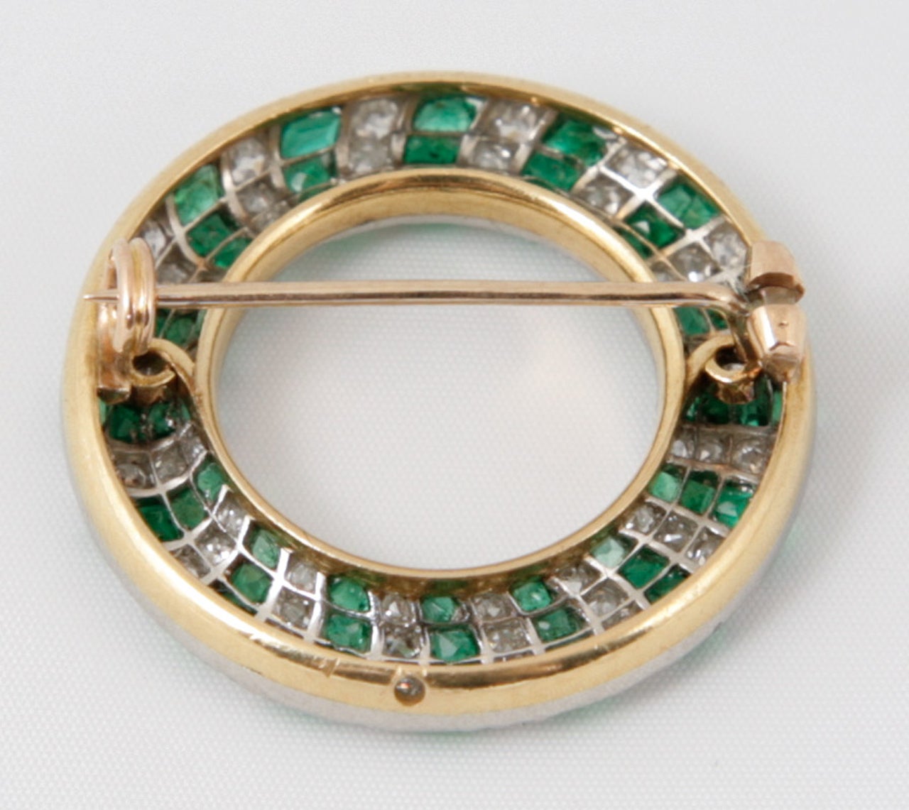 French Emerald Diamond Platinum Open Circle Brooch at 1stDibs