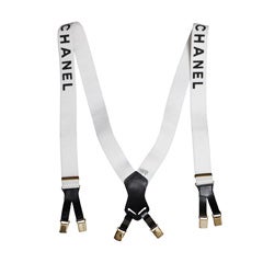 aprococo - Vintage CHANEL White Canvas Suspenders w/Black LOGO & Leather  Straps