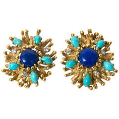 1980s Turquoise Lapis Diamond Sputnik Earrings
