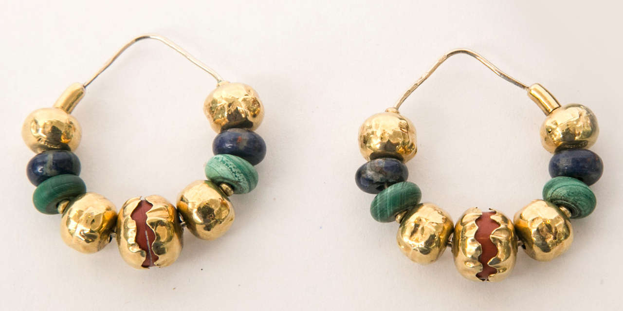 Coral, Turquoise and Lapis Gold Earrings.