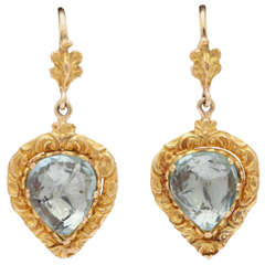 Victorian Heart to Heart Aquamarine Gold Earrings