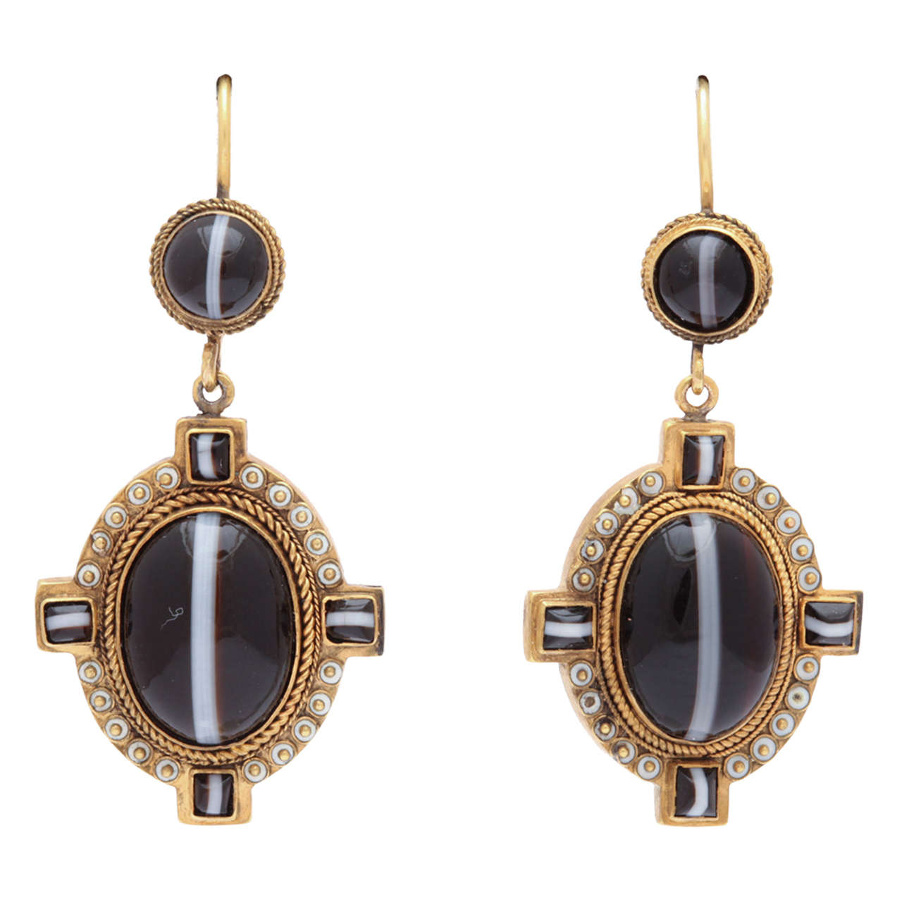 Nature's Symmetry: Victorian Enamel Banded Agate Earrings at 1stDibs