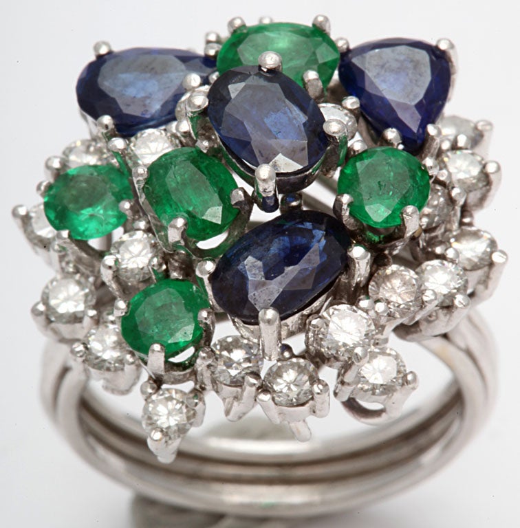 Women's Assymetric Sapphire  Emerald &diamond Cocktail Ring For Sale