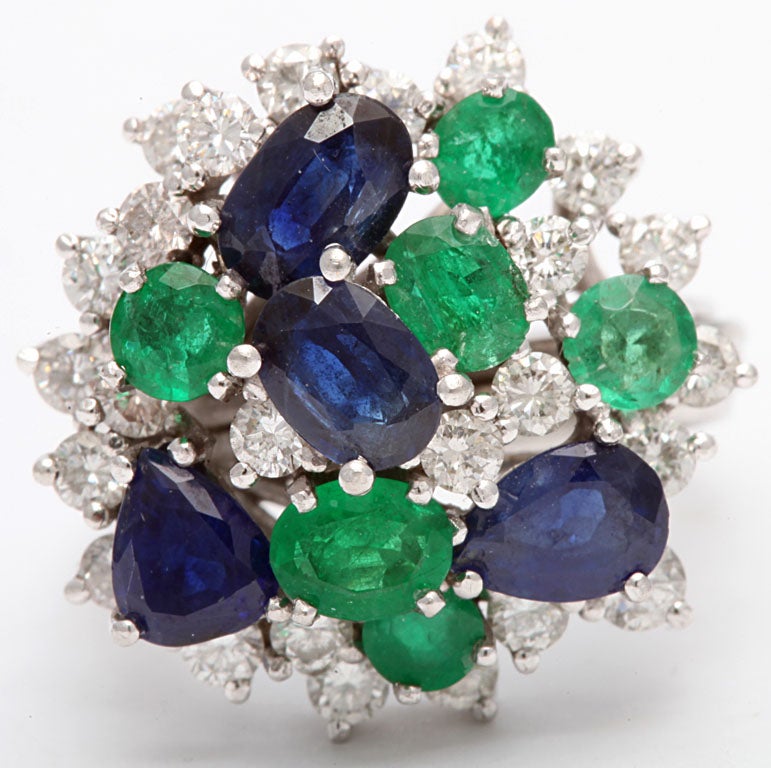 Assymetric Sapphire  Emerald &diamond Cocktail Ring For Sale 1