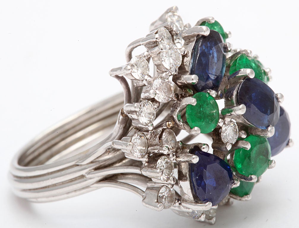Assymetric Sapphire  Emerald &diamond Cocktail Ring For Sale 2