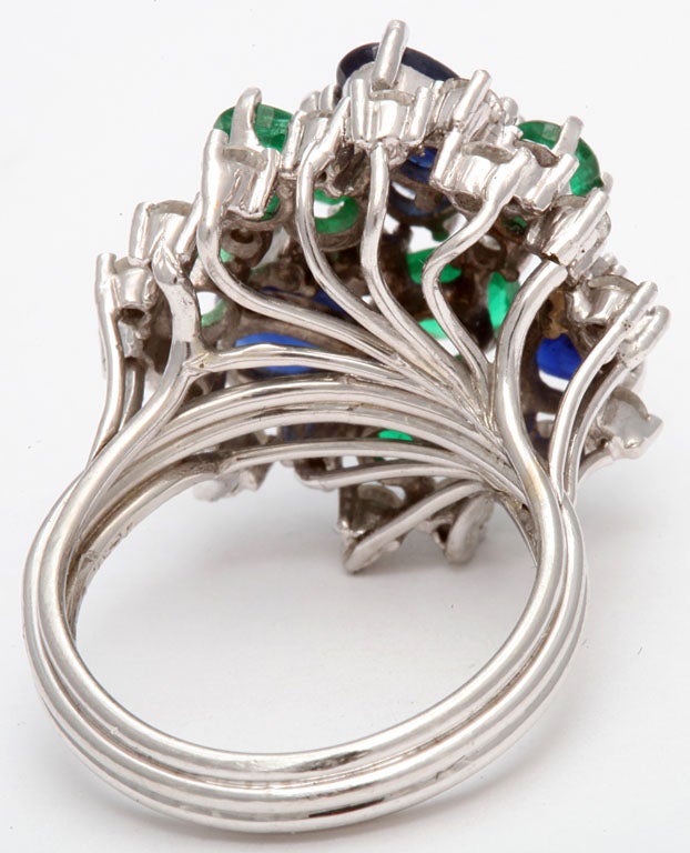 Assymetric Sapphire  Emerald &diamond Cocktail Ring For Sale 3