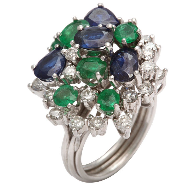 Assymetric Sapphire  Emerald &diamond Cocktail Ring For Sale