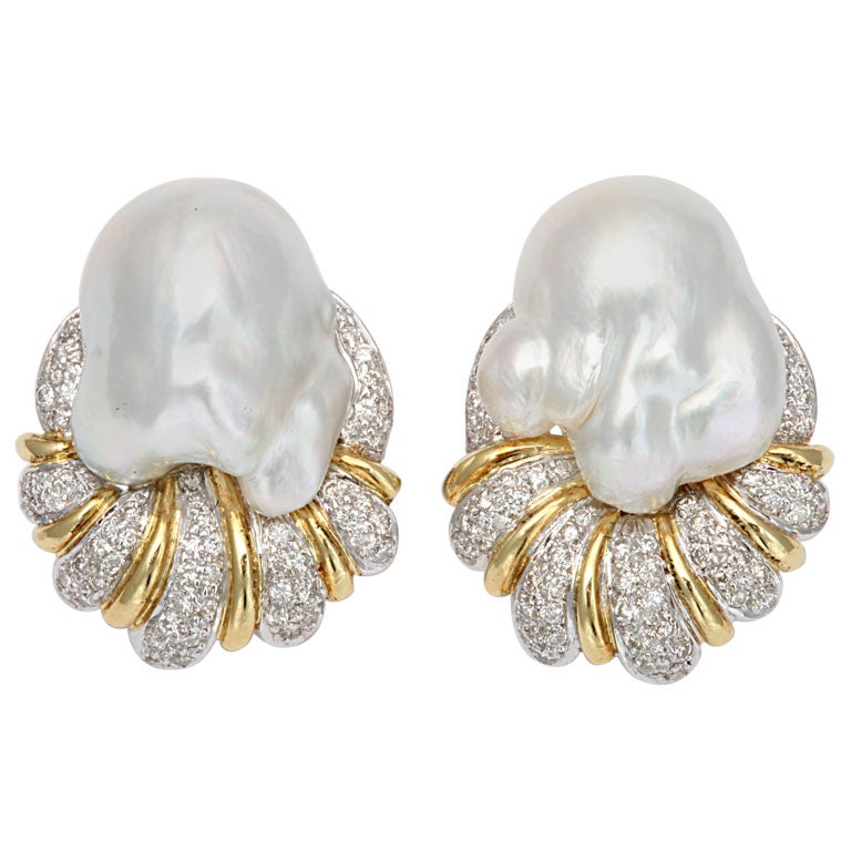 South Sea Pearl Baroque and Diamond Earrings at 1stDibs