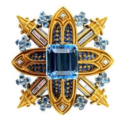 TIFFANY Rare Aquamarine Gothic Emblem Pin by Sonia Younis 1970