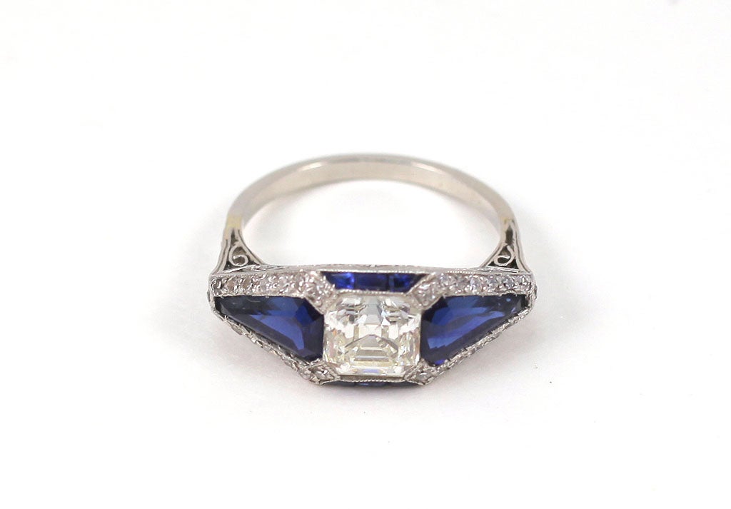 Asscher Cut Diamond and Sapphire Art Deco Ring