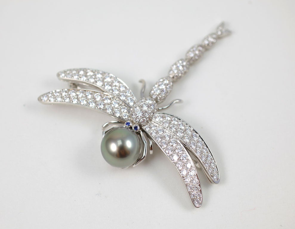 Platinum and Diamond Dragonfly Brooch with Large Grey Pearl