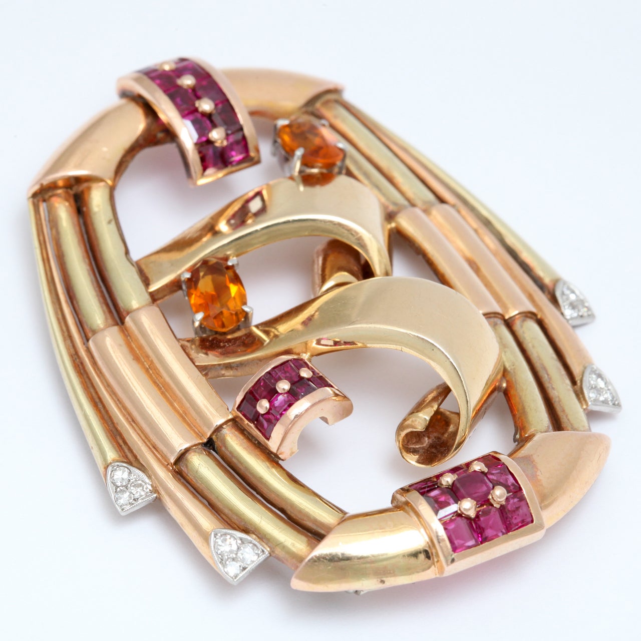 Retro Red Gold, Ruby, Diamond & Citrine Pin In Excellent Condition For Sale In New York, NY