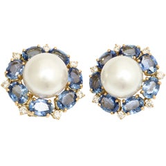 Gold, Sapphire, Diamond and South Sea Cultured Pearl Earrings
