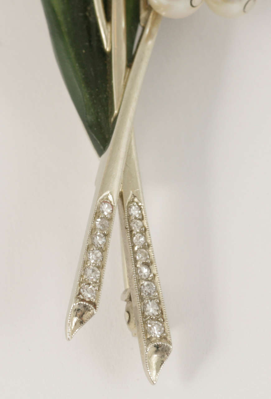 Austrian Natural Pearl Nephrite Diamond Lily of the Valley Spray Brooch 2