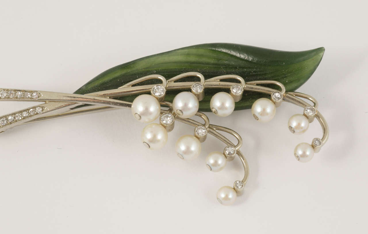 Austrian Natural Pearl Nephrite Diamond Lily of the Valley Spray Brooch In Excellent Condition In London, GB