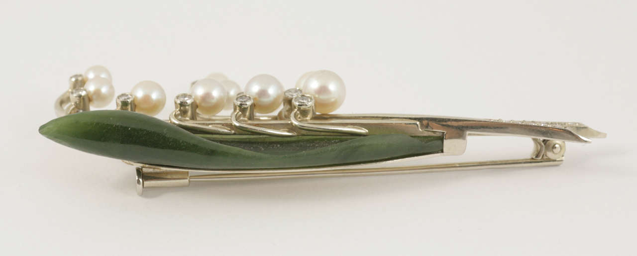 Women's Austrian Natural Pearl Nephrite Diamond Lily of the Valley Spray Brooch