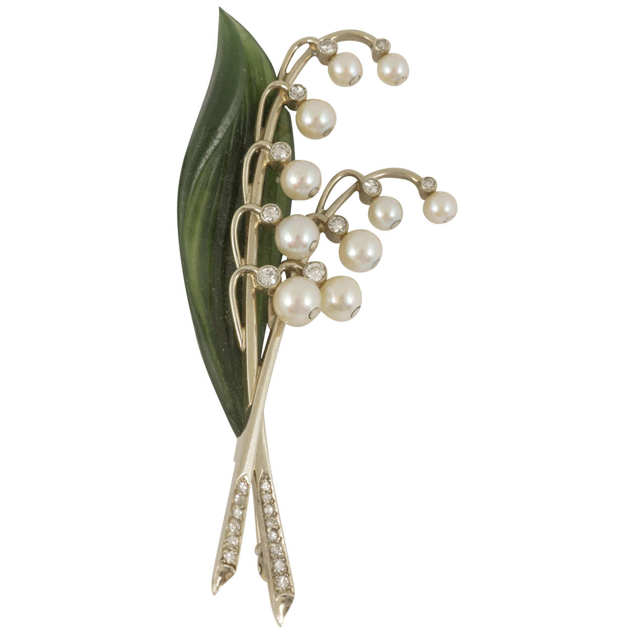 Austrian Natural Pearl Nephrite Diamond Lily of the Valley Spray Brooch