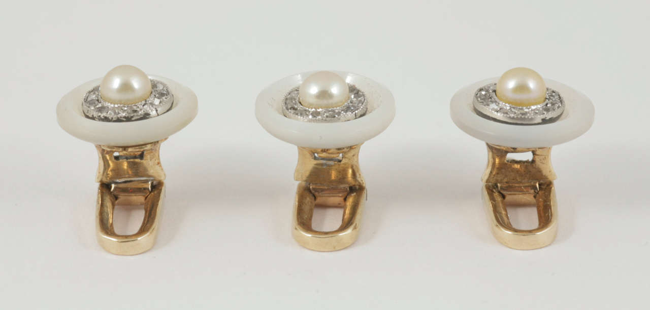 Edwardian Set of Three Natural Pearl Mother-of-Pearl Diamond Cluster Studs circa 1910