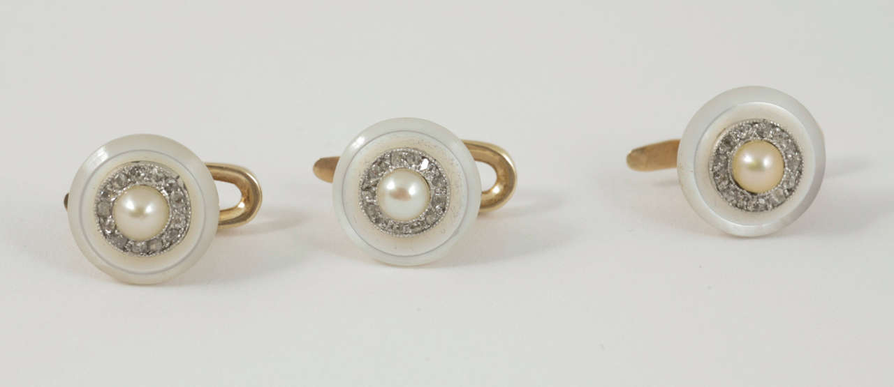 Women's Set of Three Natural Pearl Mother-of-Pearl Diamond Cluster Studs circa 1910