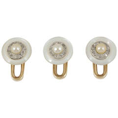 Antique Set of Three Natural Pearl Mother-of-Pearl Diamond Cluster Studs circa 1910