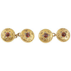 Antique Pair of French Garnet Rose Cut Diamond and Carved Gold Cufflinks circa 1900