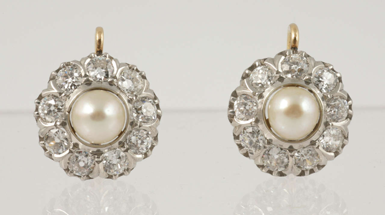 Natural Pearl and Diamond Cluster Earrings For Sale 2