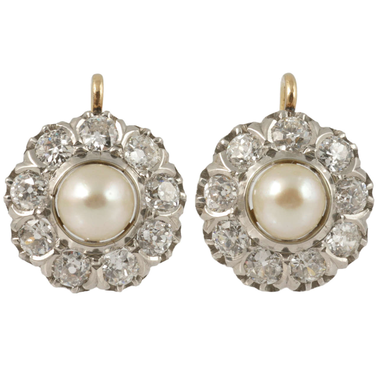 Natural Pearl and Diamond Cluster Earrings For Sale