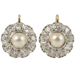 Natural Pearl and Diamond Cluster Earrings