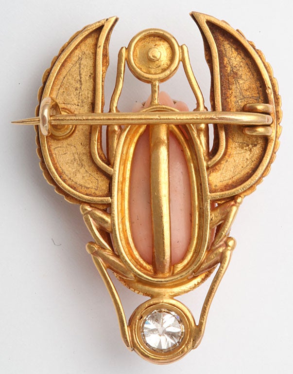 Women's Egyptian Revival Scarab Brooch With Angel Skin Coral And Diamond