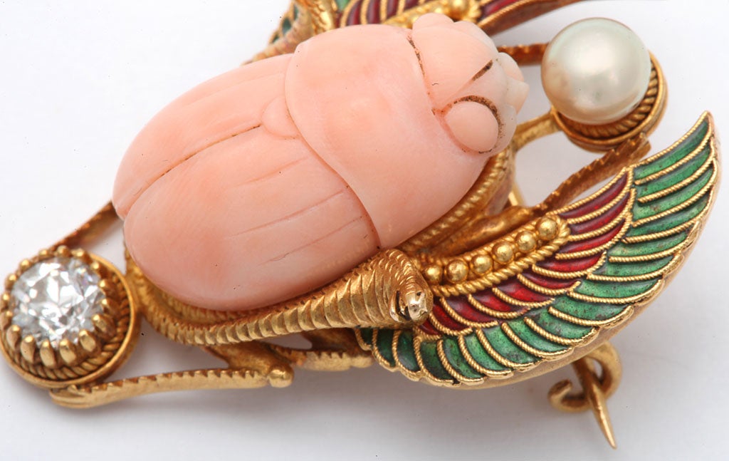 Egyptian Revival Scarab Brooch With Angel Skin Coral And Diamond 2