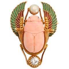 Egyptian Revival Scarab Brooch With Angel Skin Coral And Diamond