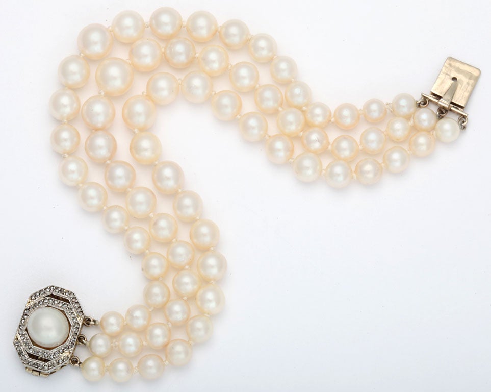 Women's Art Deco Triple Strand Pearl And Diamond Bracelet