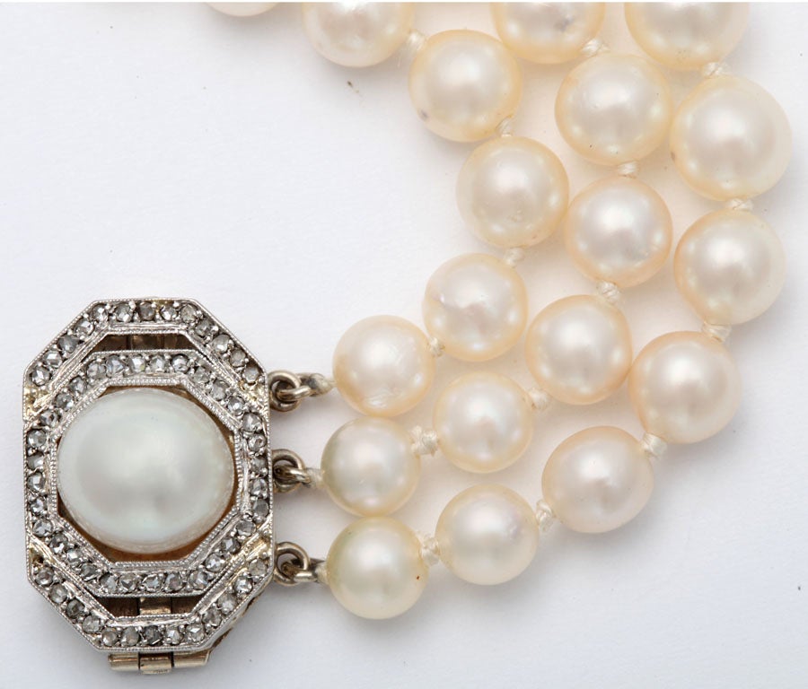 Art Deco Triple Strand Pearl And Diamond Bracelet 1