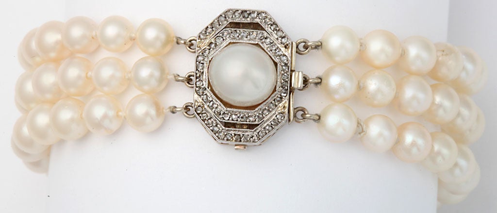 Art Deco Triple Strand Pearl And Diamond Bracelet 2
