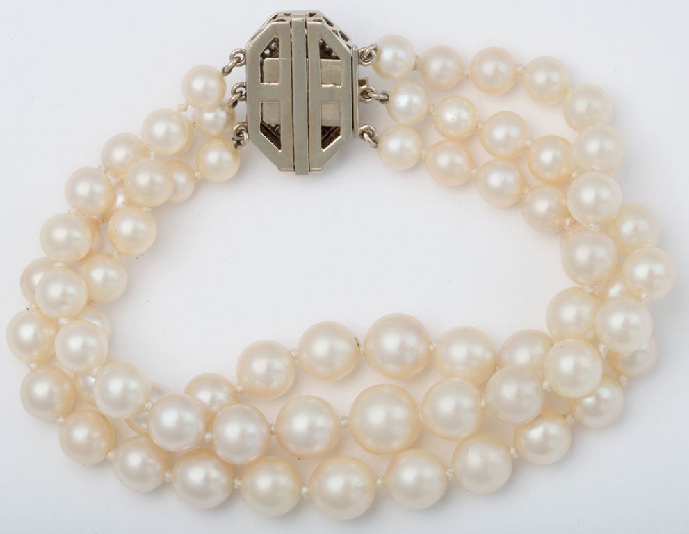 Art Deco Triple Strand Pearl And Diamond Bracelet 3