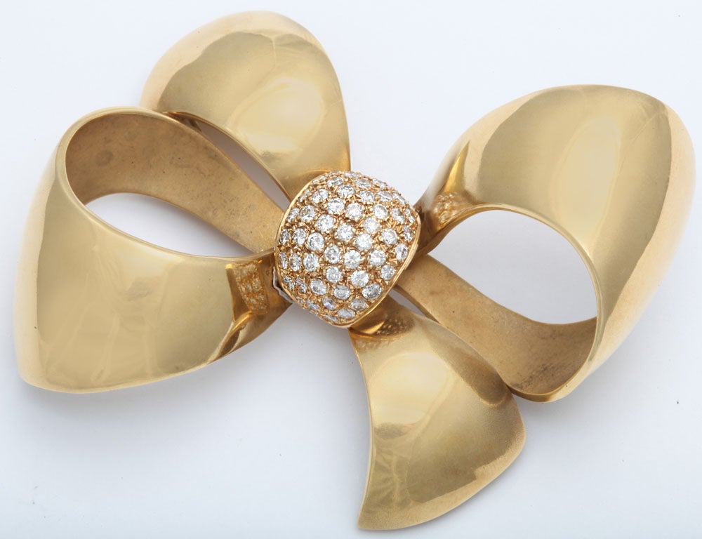 Retro Large Gold and Diamond Bow Brooch