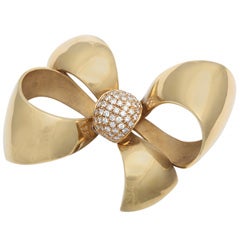 Retro Large Gold and Diamond Bow Brooch