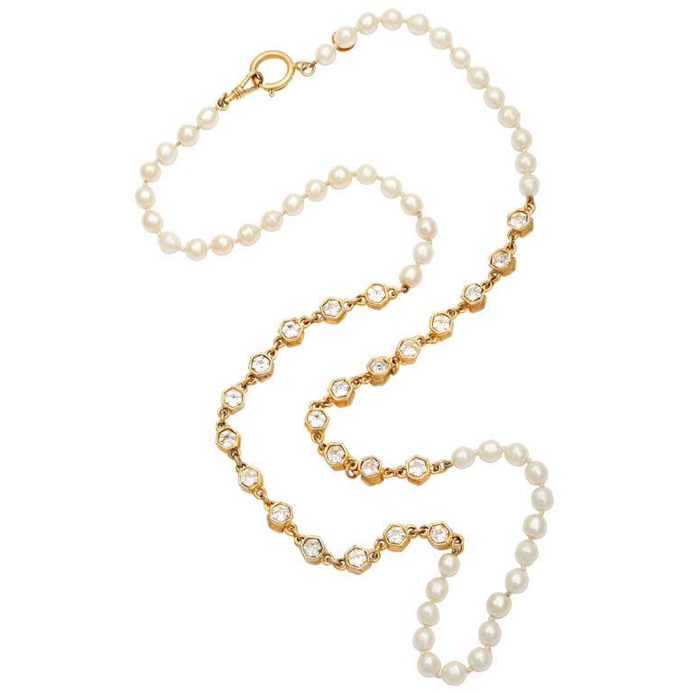Chanel Pearl and Crystal Long Necklace at 1stdibs