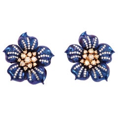 Fantastic Electric Blue Titanium and Diamond Flower Earrings