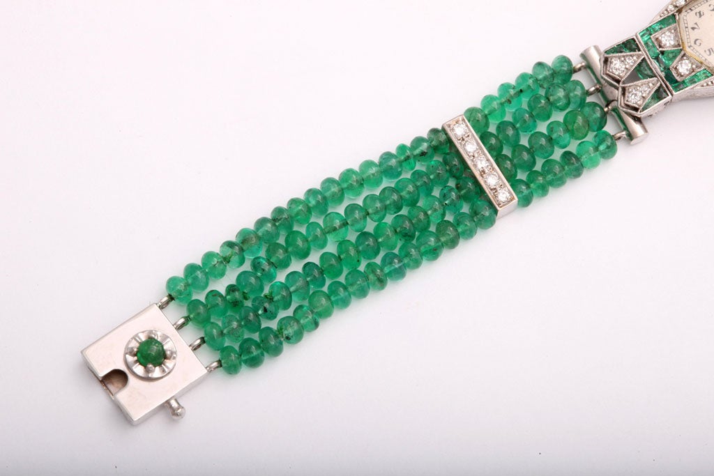 Women's Art Deco Emerald & Diamond Longines Watch on Emerald Band