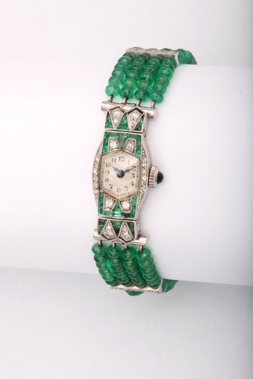 Art Deco Emerald & Diamond Longines Watch on Emerald Band 5