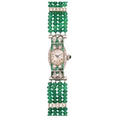 Antique Art Deco Emerald & Diamond Longines Watch on Emerald Band