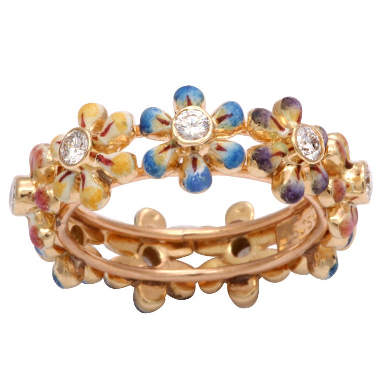Delightful Daisy Flower Enamel and Diamond Ring / Band For Sale at