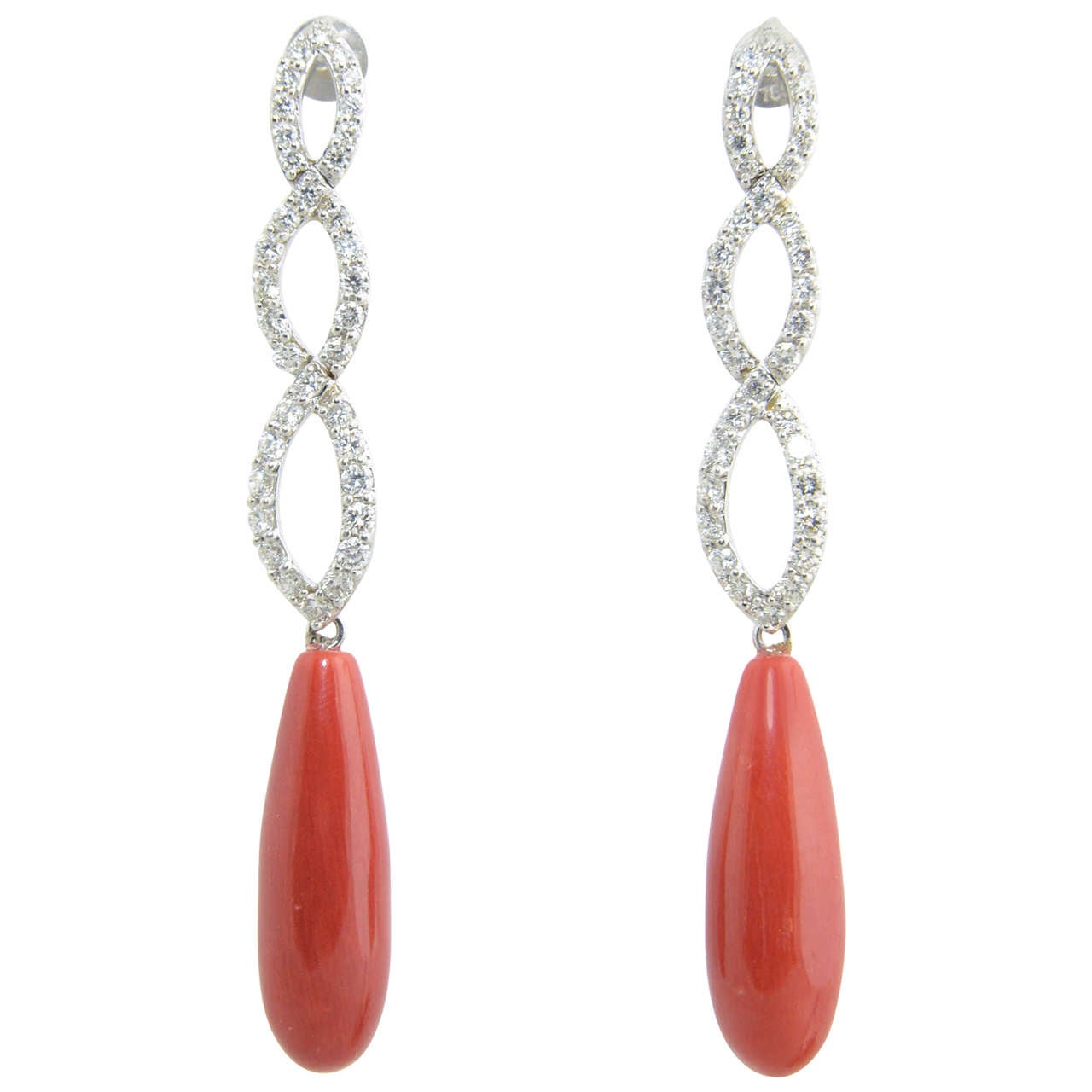 Fred & Co. Coral Diamond Dangle / Drop Gold Earrings