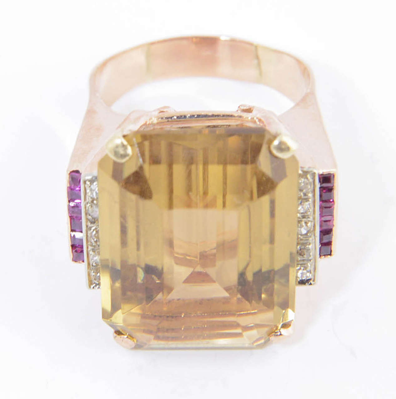 Emerald Cut Retro Citrine Synthetic Ruby Diamond Gold Cocktail Ring For Sale