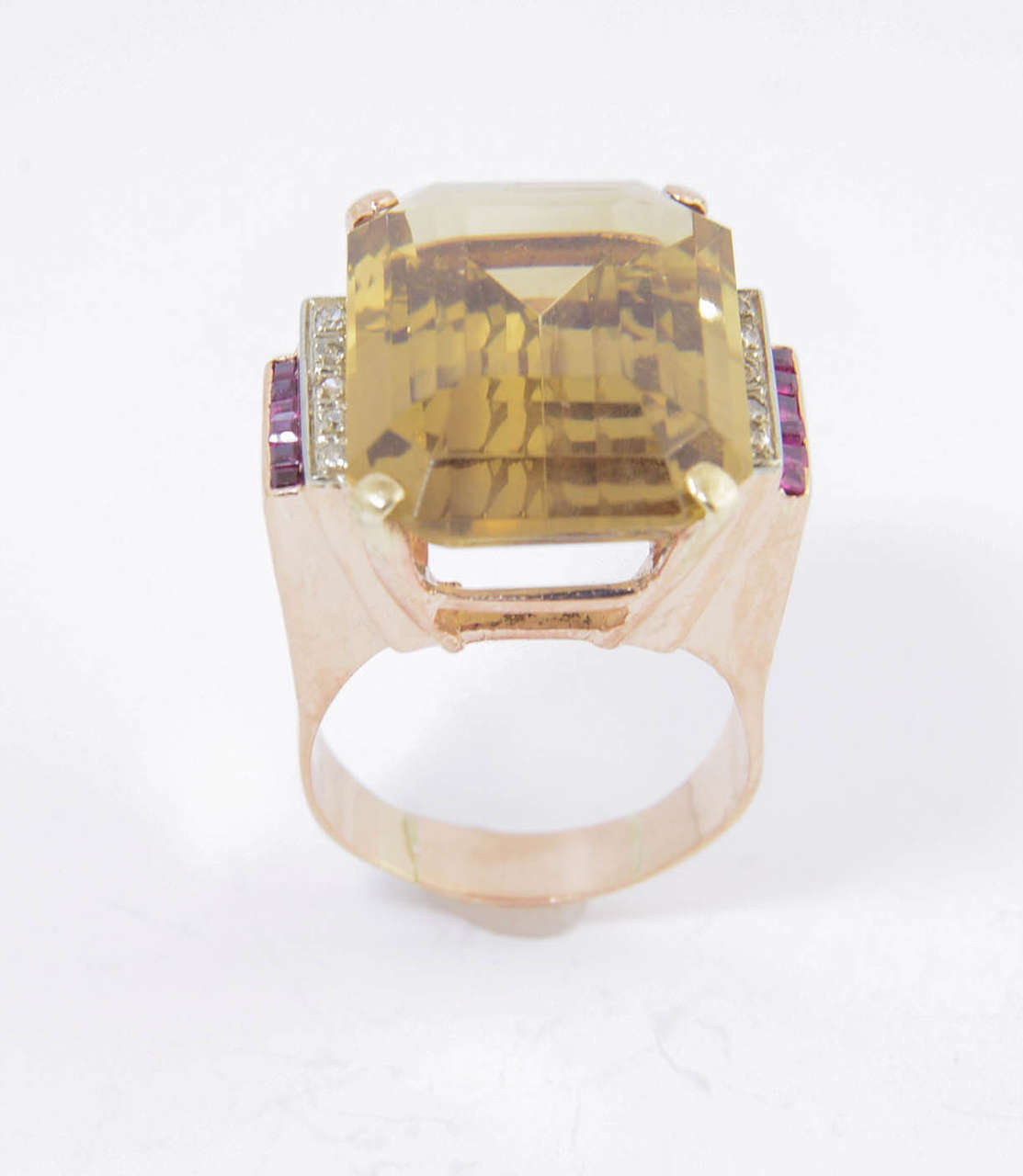 Retro Citrine Synthetic Ruby Diamond Gold Cocktail Ring For Sale 3